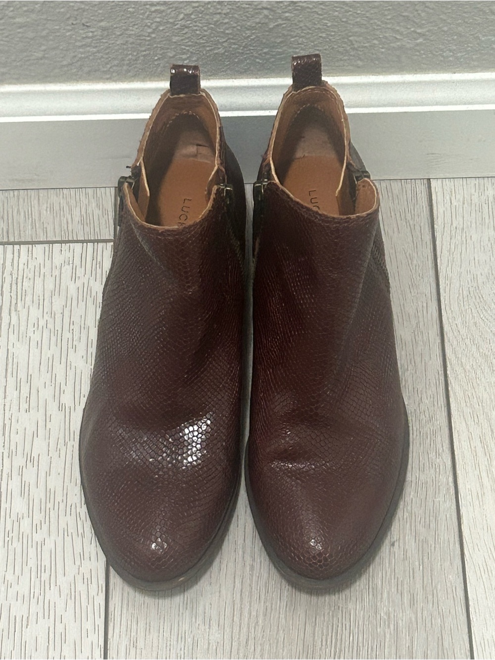 Lucky Brand Women’s Basel Brown Textured Leather Ankle Boots